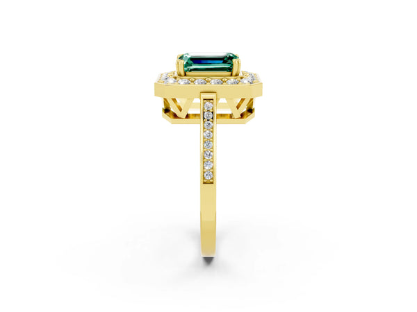 Yellow gold Emerald Cut Green Sapphire Halo Ring with Split Shank and Four-Prong Setting