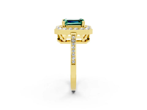 Yellow gold {shape_name} Green Sapphire Halo Ring with Split Shank and Four-Prong Setting_2