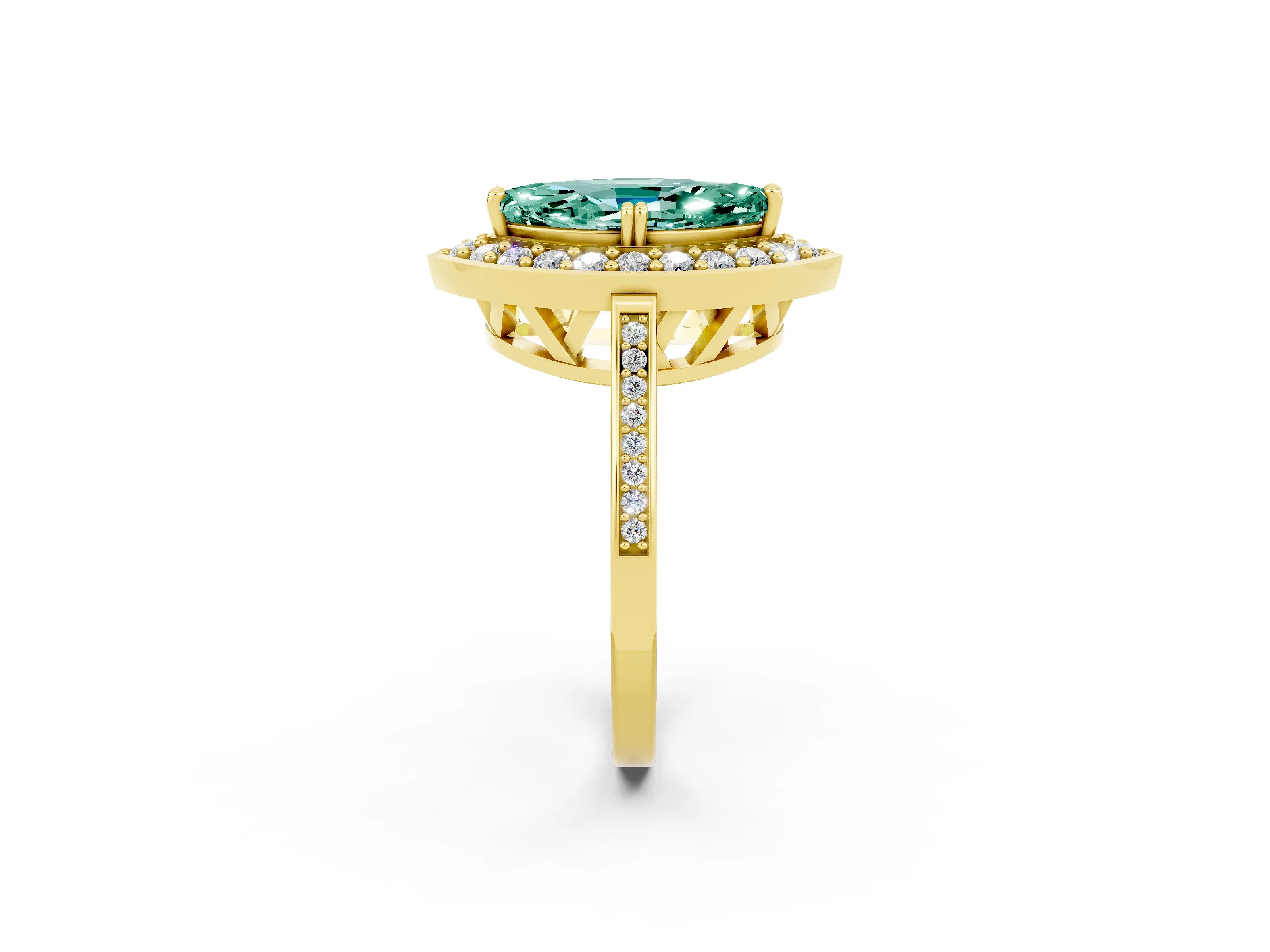 Yellow gold {shape_name} Green Sapphire Halo Ring with Split Shank and Four-Prong Setting_2