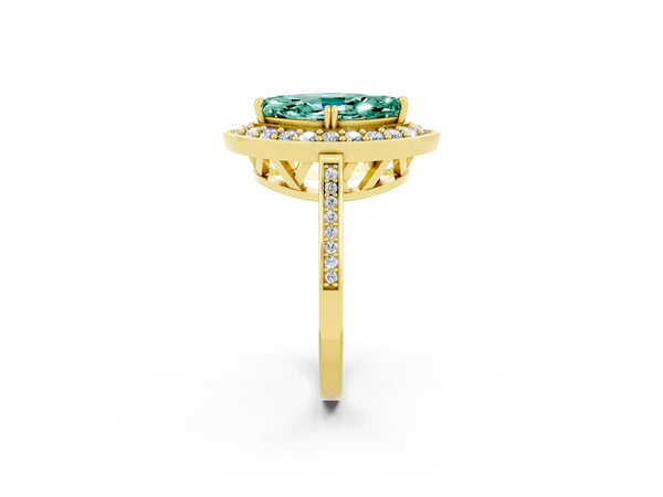 Yellow gold Marquise Cut Green Sapphire Halo Ring with Split Shank and Four-Prong Setting