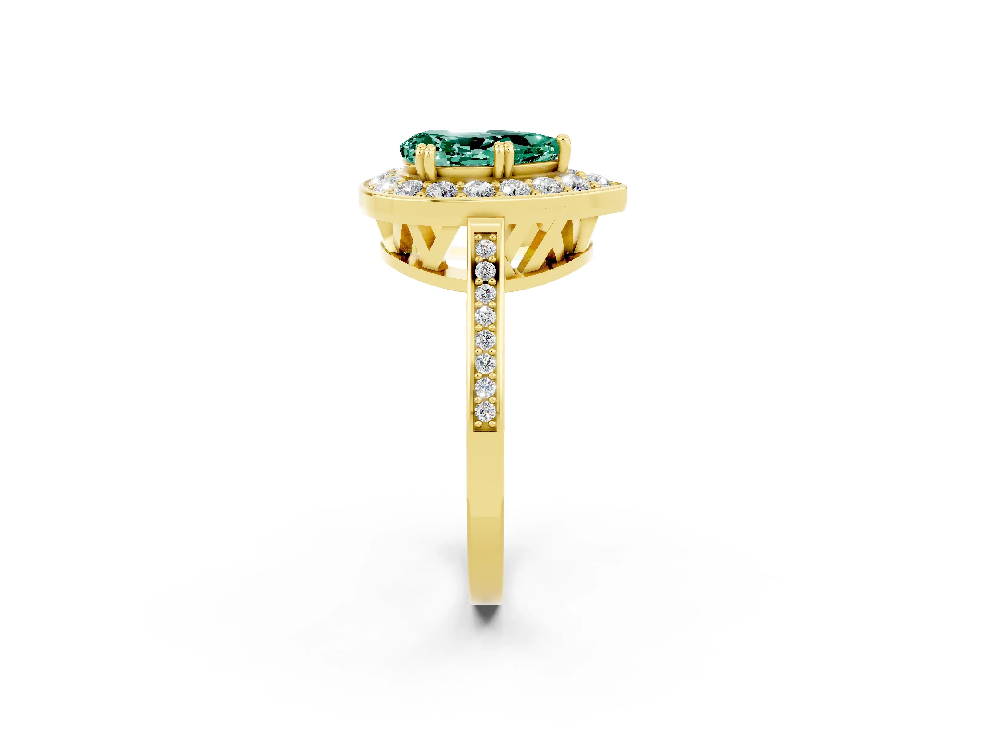 Yellow gold {shape_name} Green Sapphire Halo Ring with Split Shank and Four-Prong Setting_2