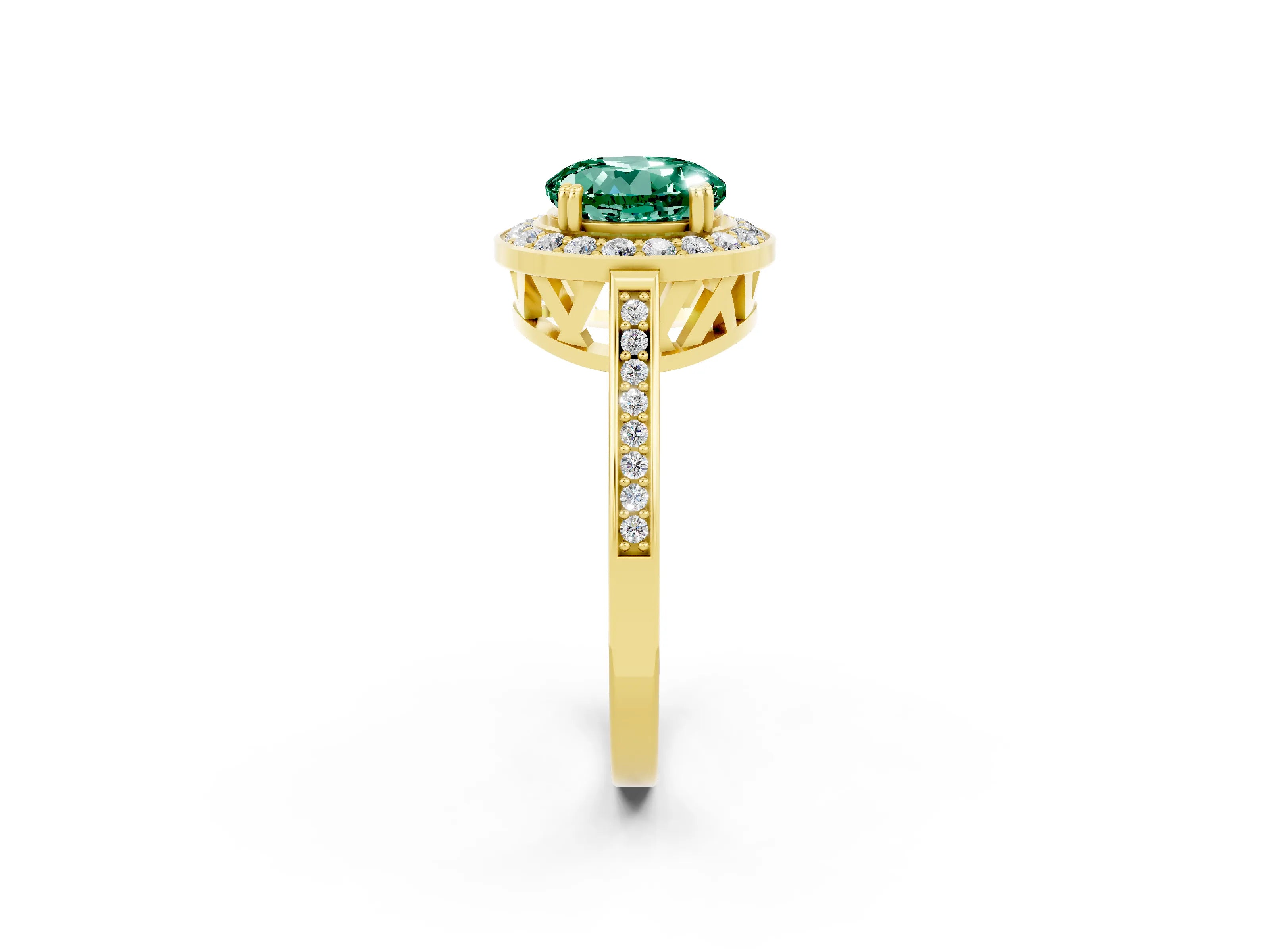 Yellow gold {shape_name} Green Sapphire Halo Ring with Split Shank and Four-Prong Setting_2
