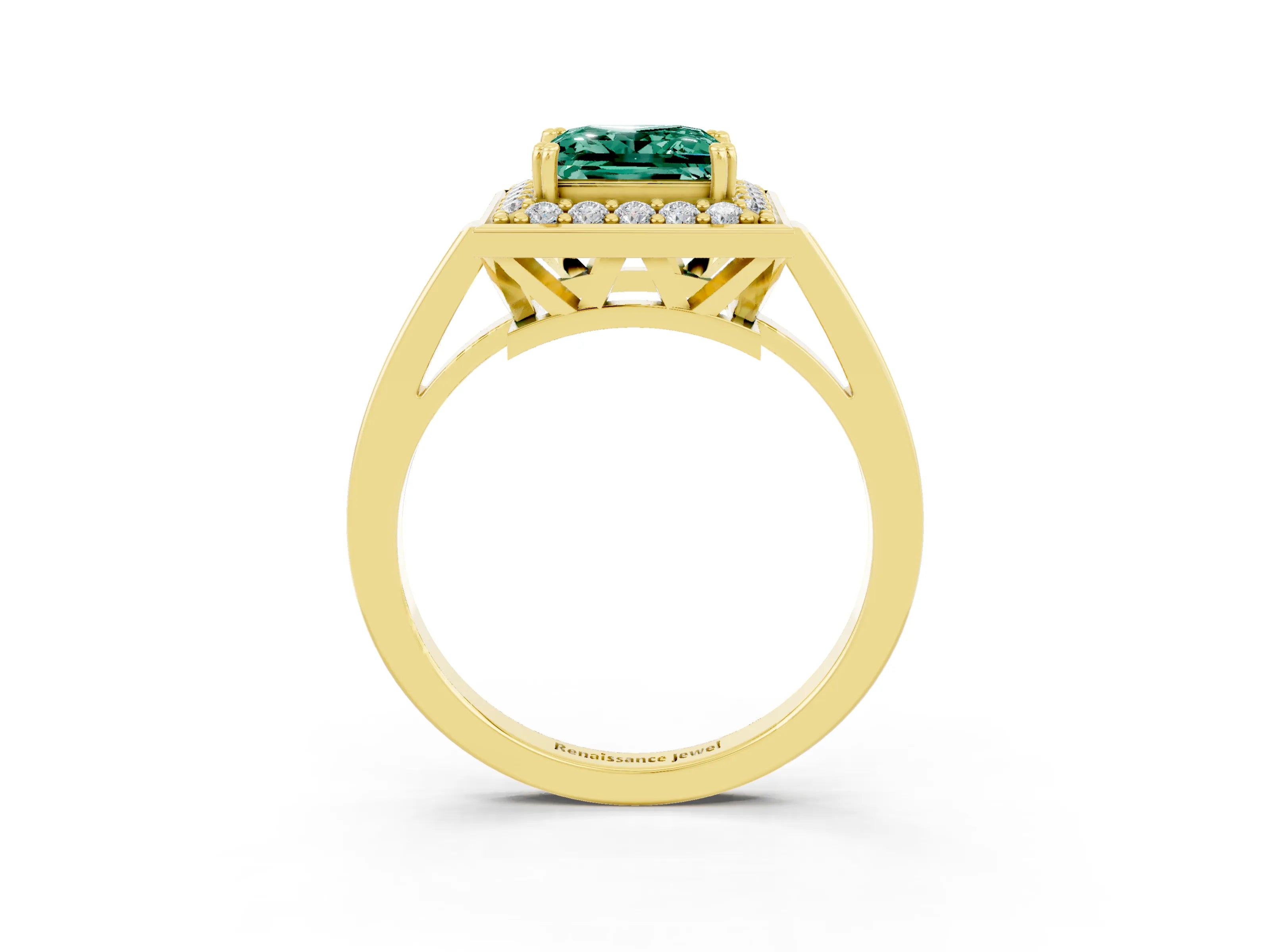 Yellow gold {shape_name} Green Sapphire Halo Ring with Split Shank and Four-Prong Setting_3