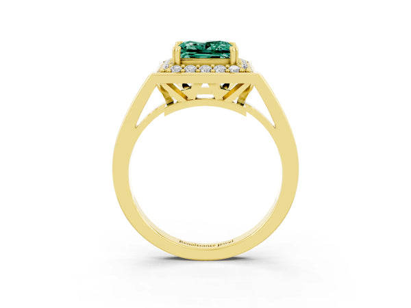 Yellow gold Princess Cut Green Sapphire Halo Ring with Split Shank and Four-Prong Setting