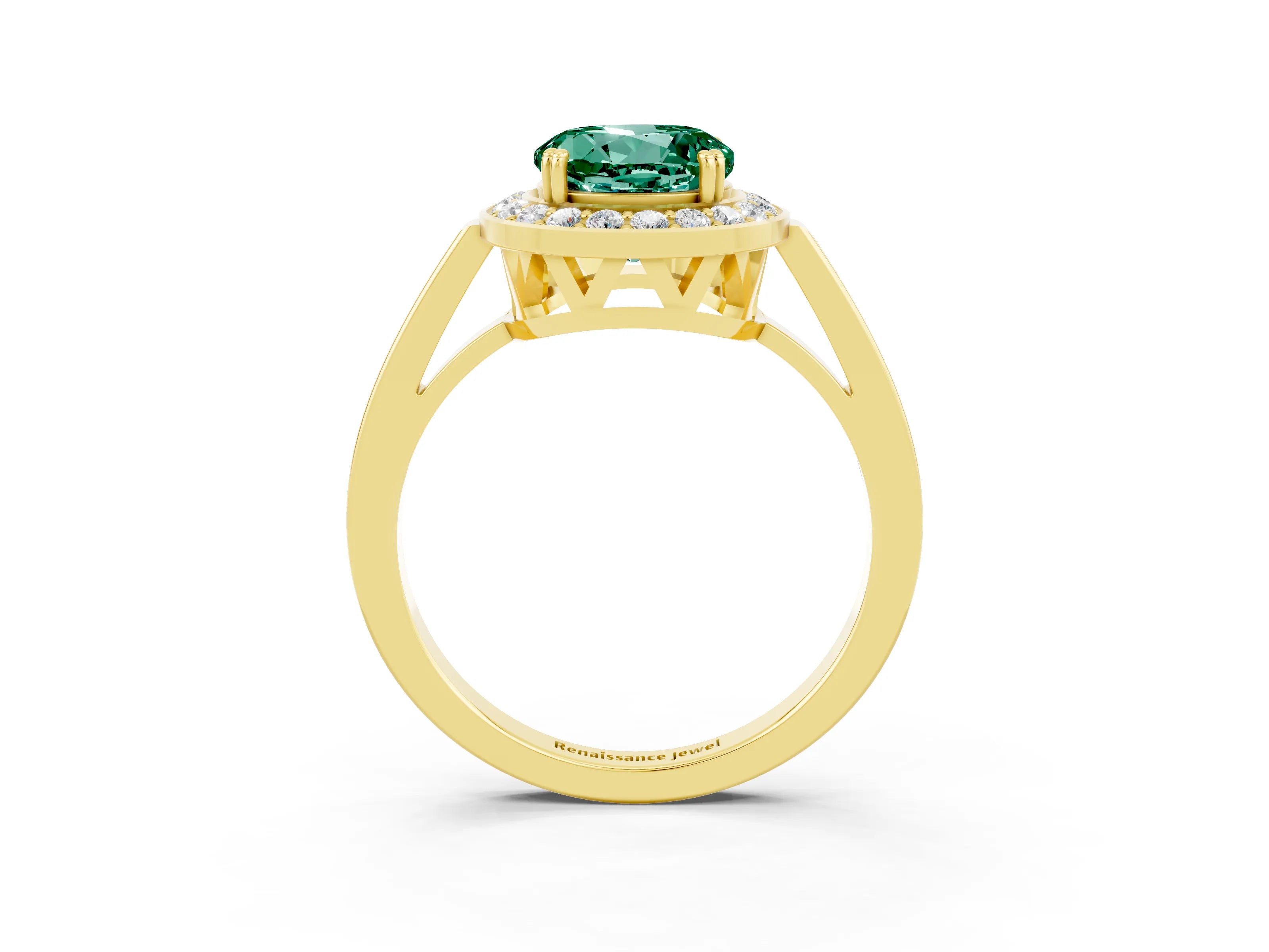 Yellow gold {shape_name} Green Sapphire Halo Ring with Split Shank and Four-Prong Setting_3