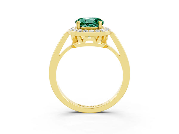 Yellow gold Round Cut Green Sapphire Halo Ring with Split Shank and Four-Prong Setting