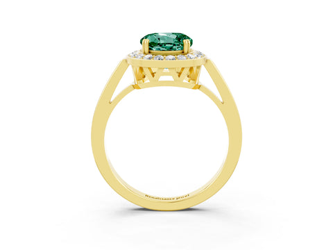 Yellow gold {shape_name} Green Sapphire Halo Ring with Split Shank and Four-Prong Setting_3