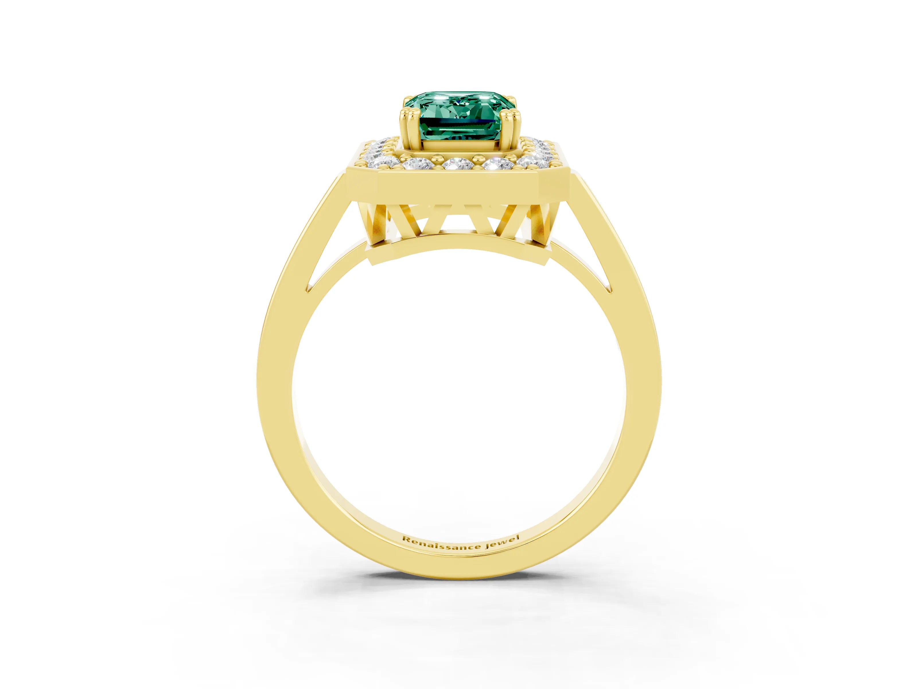 Yellow gold {shape_name} Green Sapphire Halo Ring with Split Shank and Four-Prong Setting_3