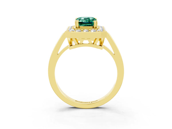 Yellow gold Emerald Cut Green Sapphire Halo Ring with Split Shank and Four-Prong Setting