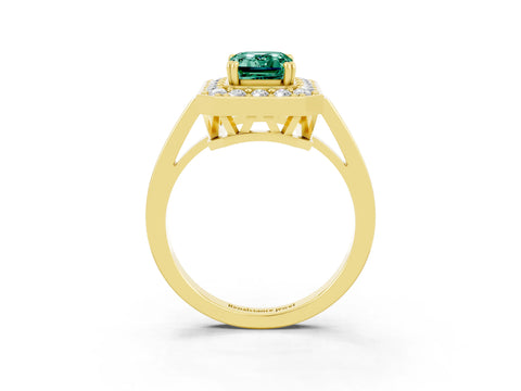 Yellow gold {shape_name} Green Sapphire Halo Ring with Split Shank and Four-Prong Setting_3