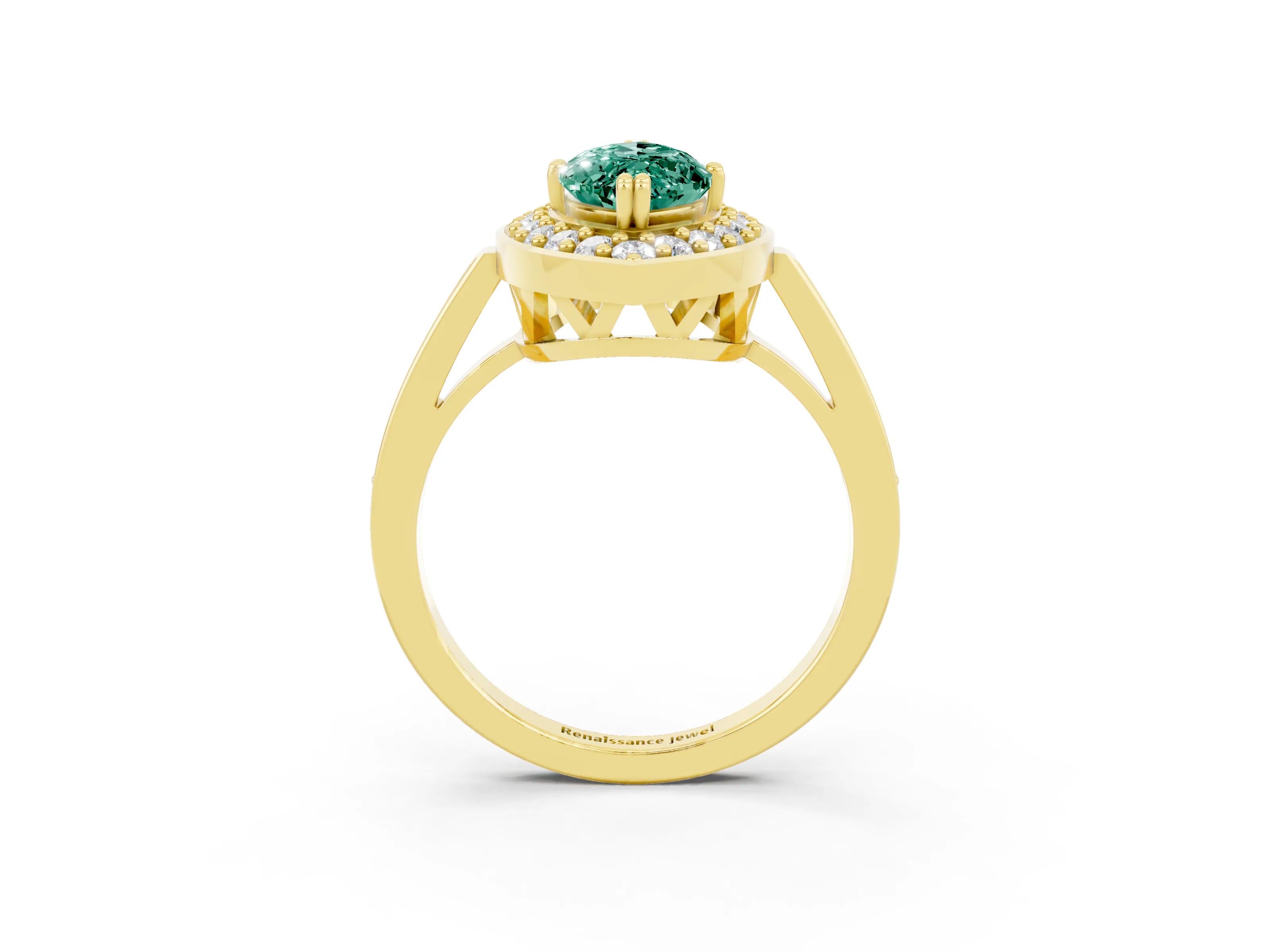 Yellow gold {shape_name} Green Sapphire Halo Ring with Split Shank and Four-Prong Setting_3