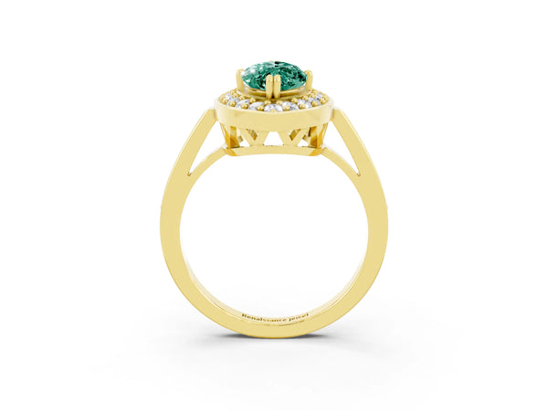 Yellow gold Marquise Cut Green Sapphire Halo Ring with Split Shank and Four-Prong Setting