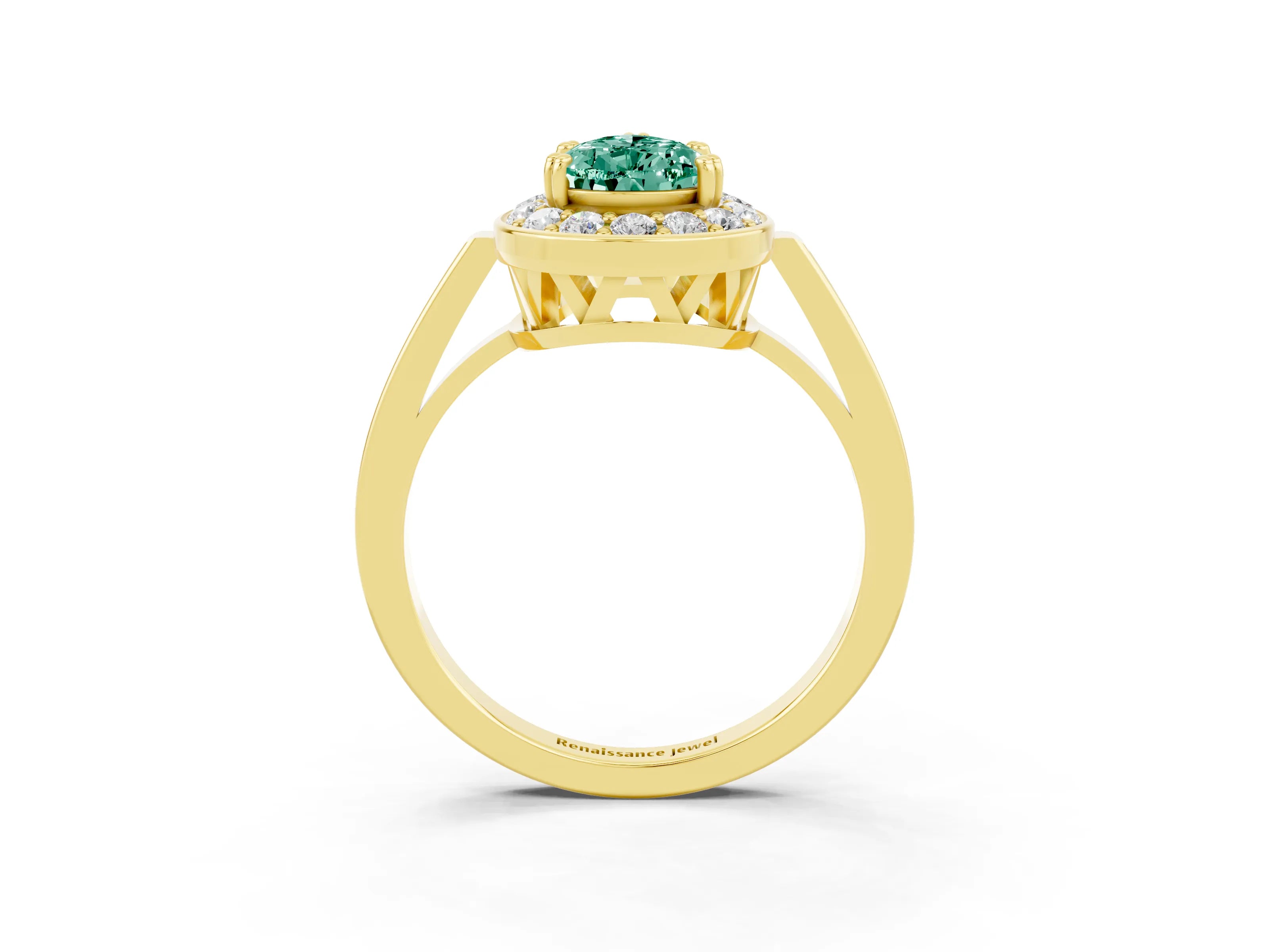 Yellow gold {shape_name} Green Sapphire Halo Ring with Split Shank and Four-Prong Setting_3