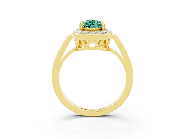 Yellow gold Pear Cut Green Sapphire Halo Ring with Split Shank and Four-Prong Setting