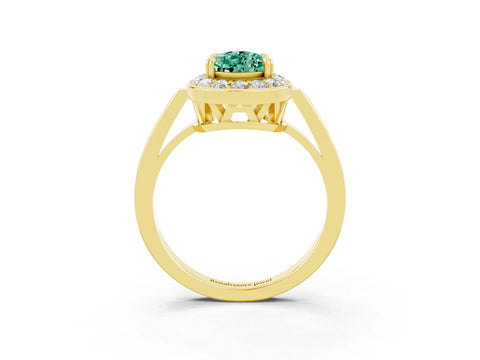 Yellow gold {shape_name} Green Sapphire Halo Ring with Split Shank and Four-Prong Setting_3