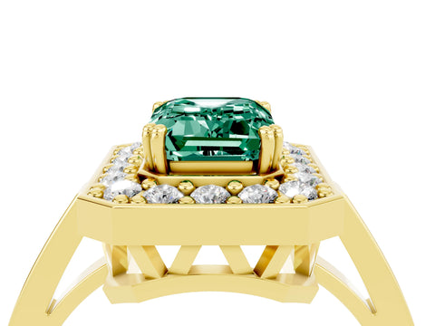 Yellow gold {shape_name} Green Sapphire Halo Ring with Split Shank and Four-Prong Setting_4