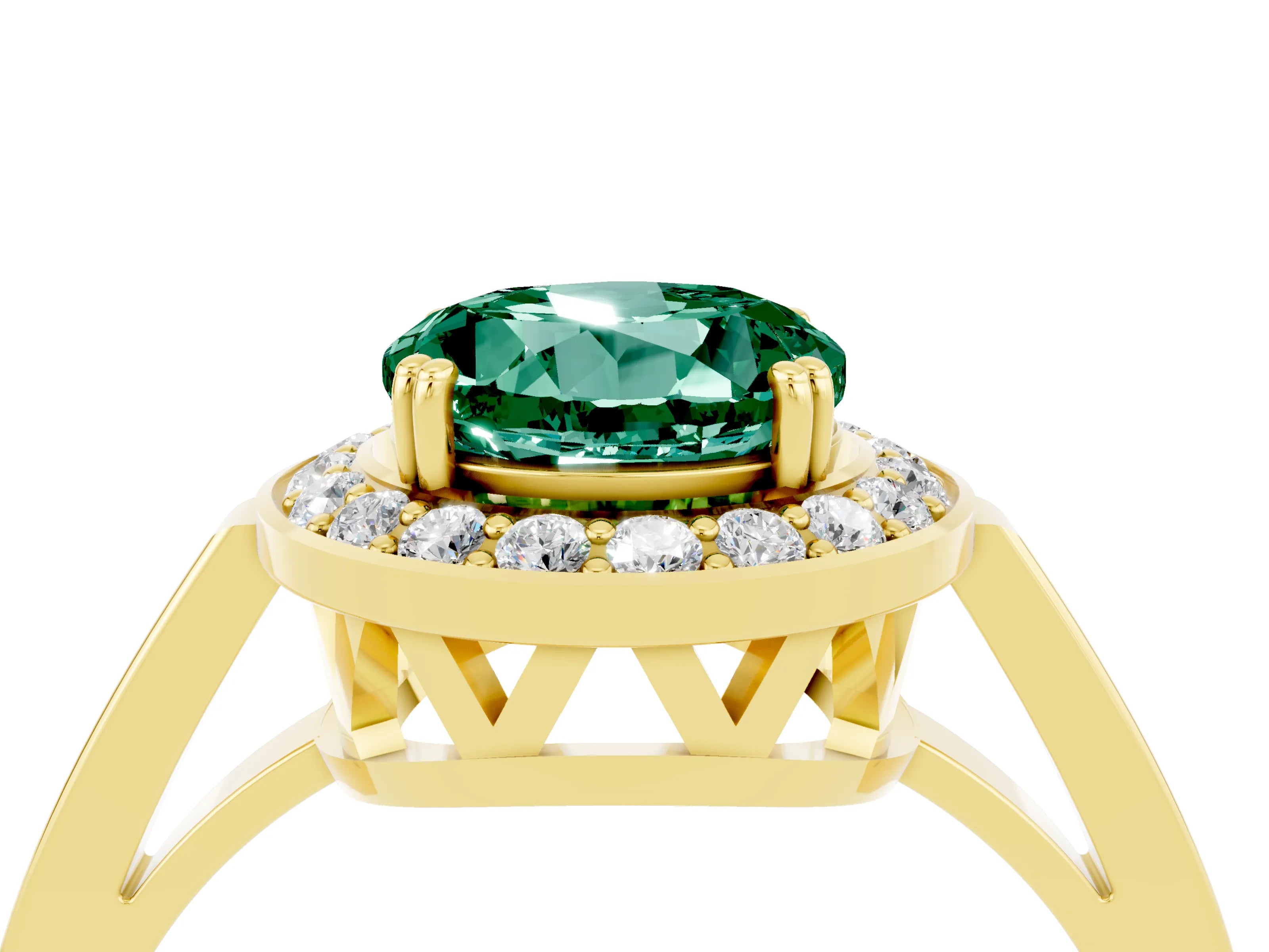 Yellow gold {shape_name} Green Sapphire Halo Ring with Split Shank and Four-Prong Setting_4