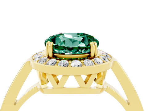 Yellow gold {shape_name} Green Sapphire Halo Ring with Split Shank and Four-Prong Setting_4