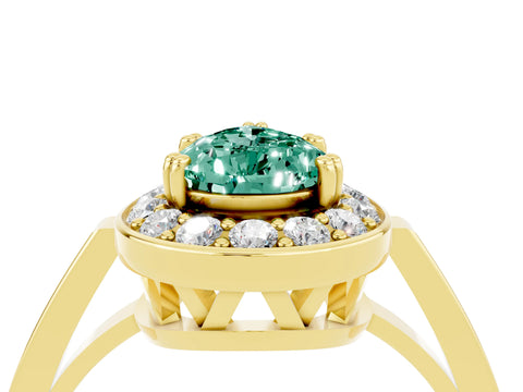 Yellow gold {shape_name} Green Sapphire Halo Ring with Split Shank and Four-Prong Setting_4