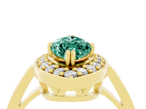 Yellow gold {shape_name} Green Sapphire Halo Ring with Split Shank and Four-Prong Setting_4