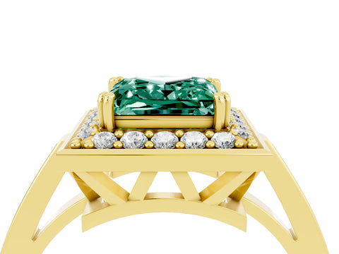 Yellow gold {shape_name} Green Sapphire Halo Ring with Split Shank and Four-Prong Setting_4