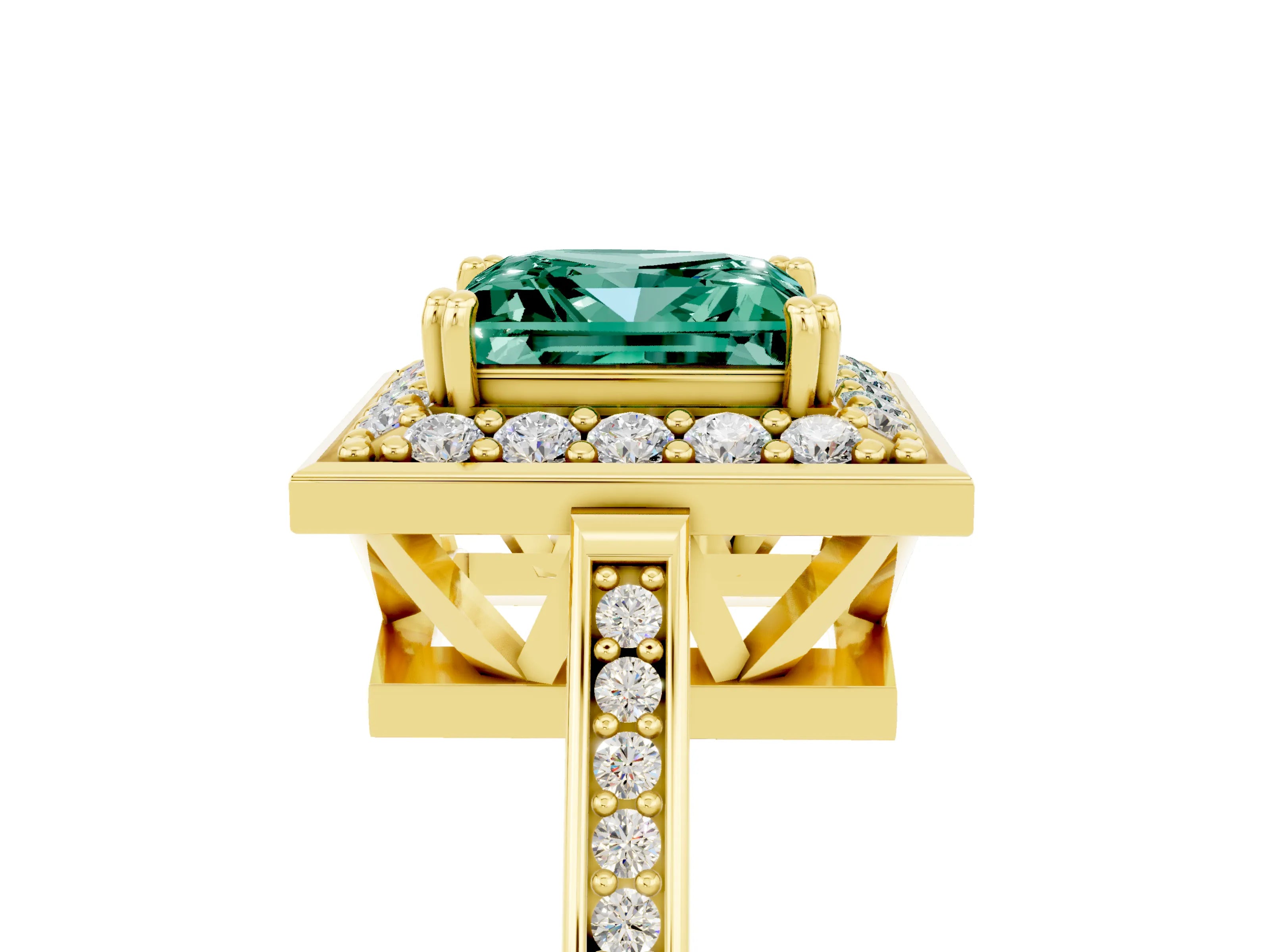 Yellow gold {shape_name} Green Sapphire Halo Ring with Split Shank and Four-Prong Setting_5
