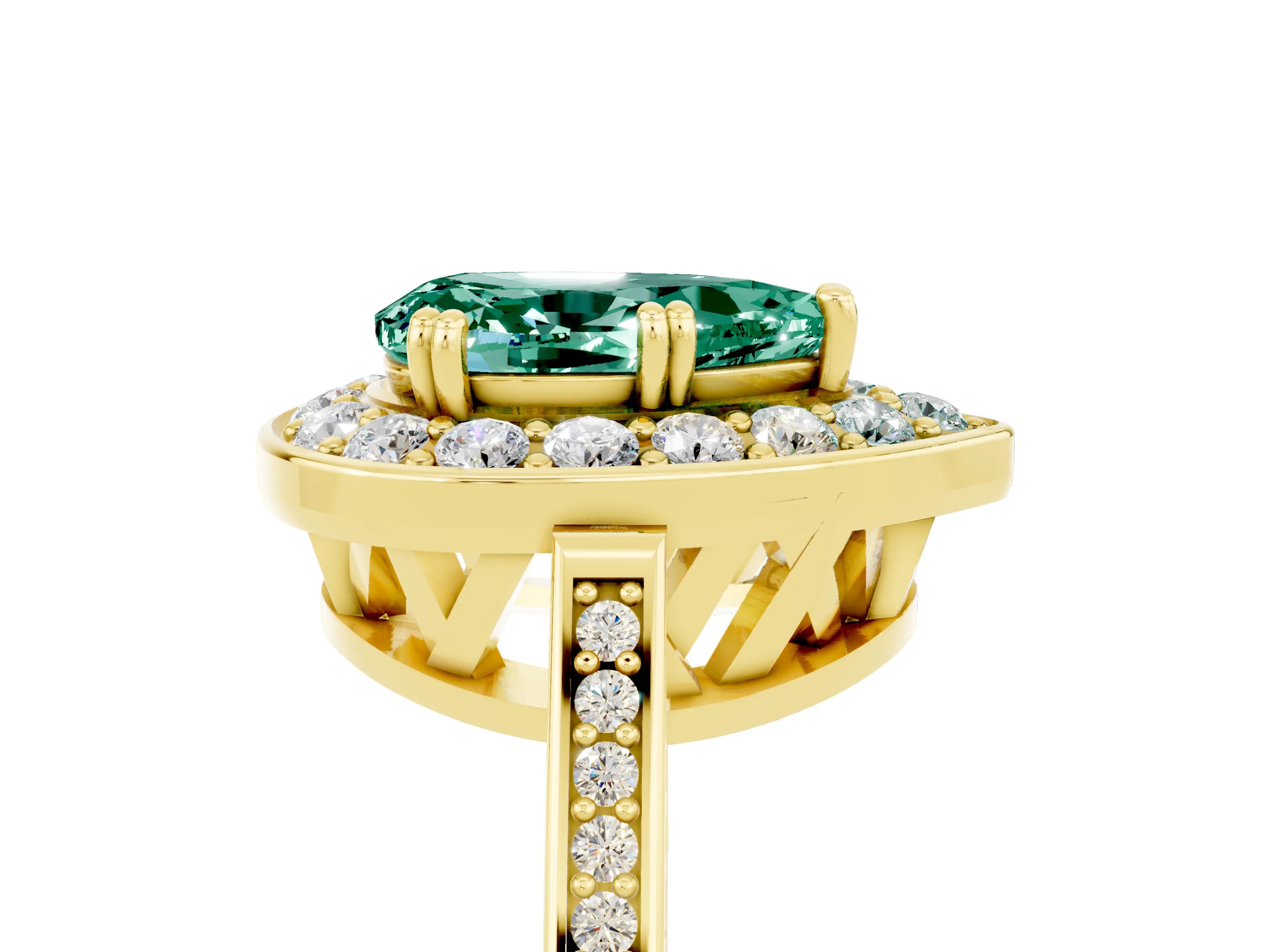 Yellow gold {shape_name} Green Sapphire Halo Ring with Split Shank and Four-Prong Setting_5