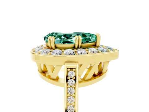 Yellow gold {shape_name} Green Sapphire Halo Ring with Split Shank and Four-Prong Setting_5