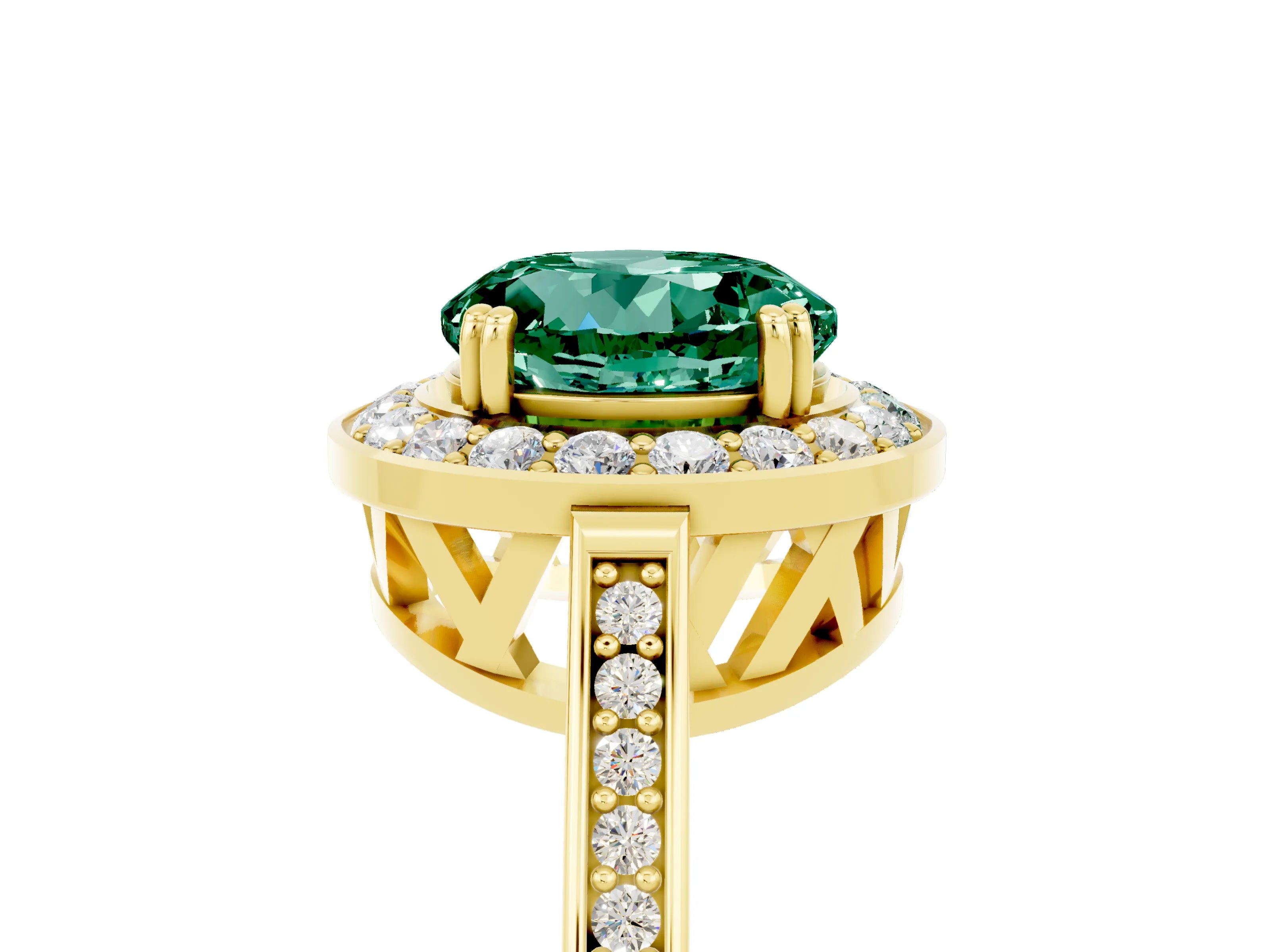 Yellow gold {shape_name} Green Sapphire Halo Ring with Split Shank and Four-Prong Setting_5