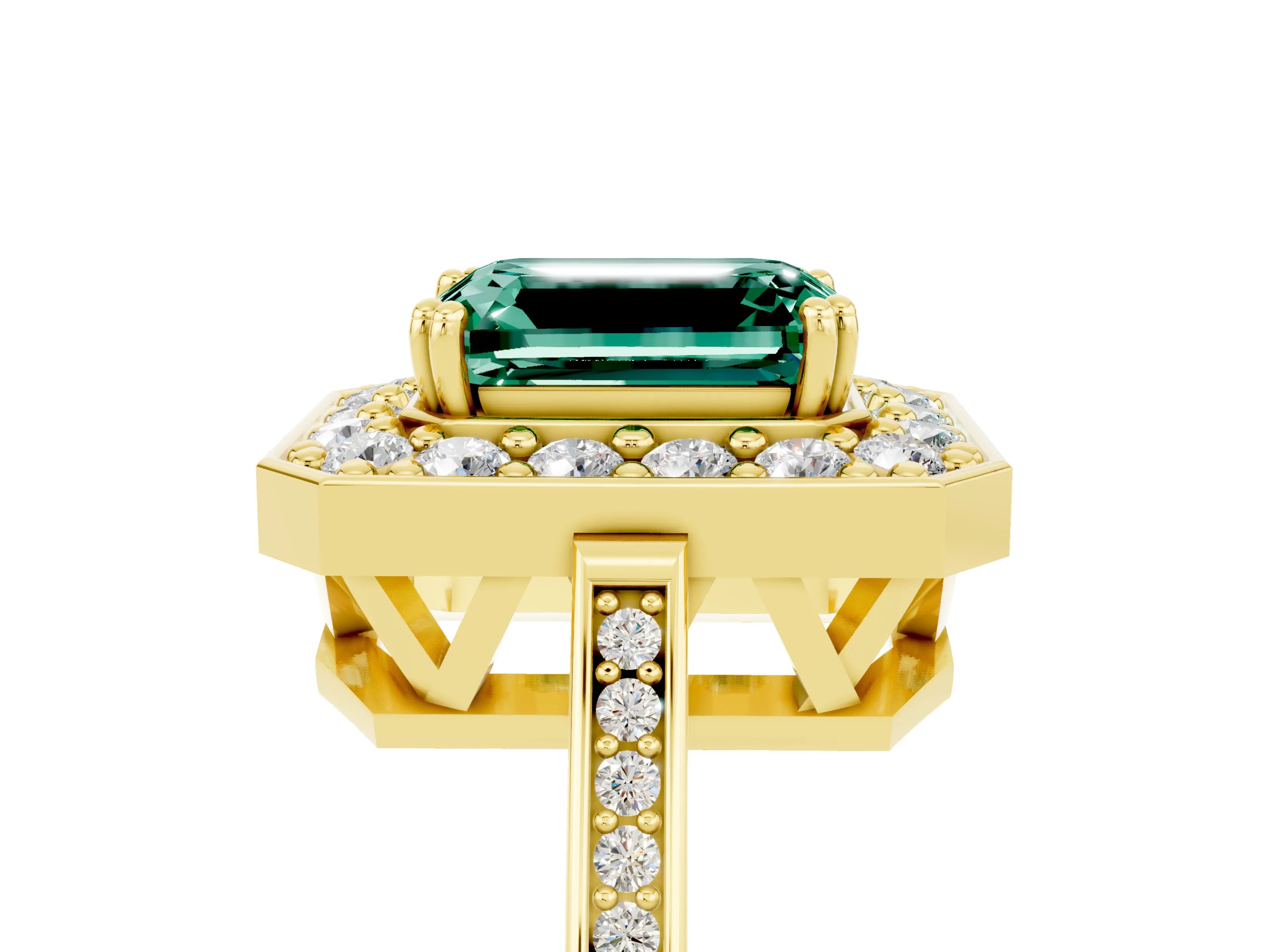 Yellow gold {shape_name} Green Sapphire Halo Ring with Split Shank and Four-Prong Setting_5