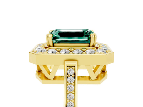 Yellow gold {shape_name} Green Sapphire Halo Ring with Split Shank and Four-Prong Setting_5