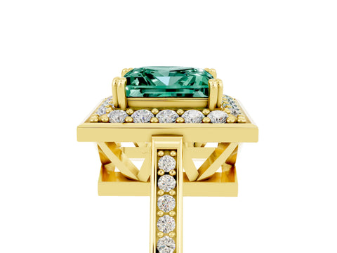 Yellow gold {shape_name} Green Sapphire Halo Ring with Split Shank and Four-Prong Setting_5