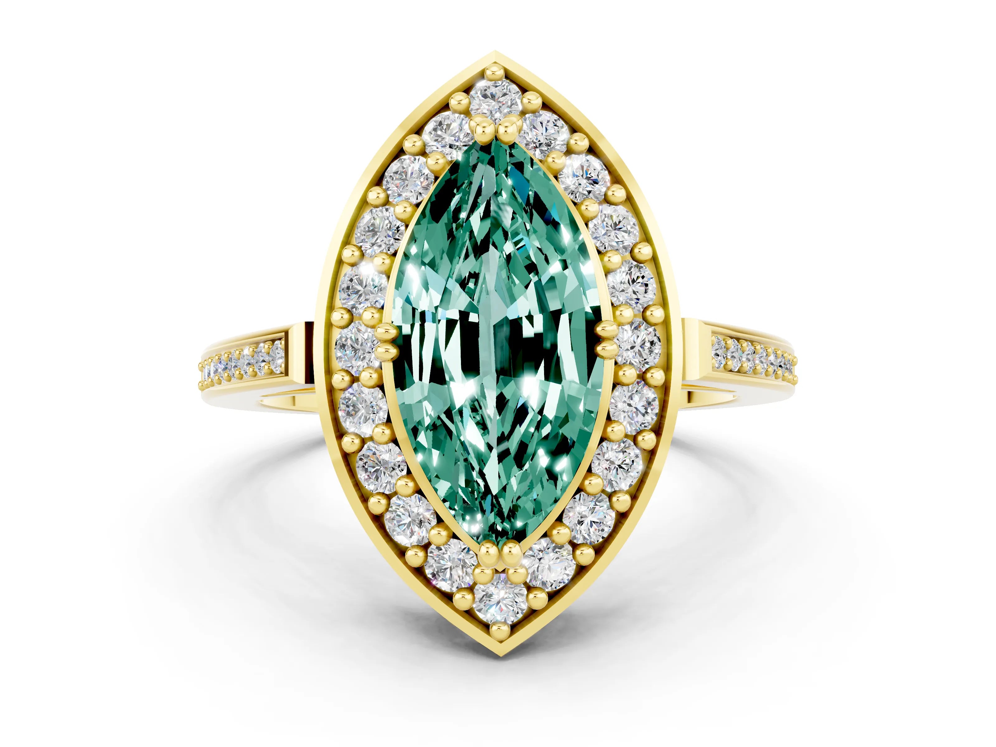Yellow gold {shape_name} Green Sapphire Halo Ring with Split Shank and Four-Prong Setting