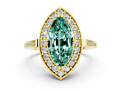Yellow gold {shape_name} Green Sapphire Halo Ring with Split Shank and Four-Prong Setting