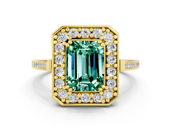 Yellow gold Emerald Cut Green Sapphire Halo Ring with Split Shank and Four-Prong Setting