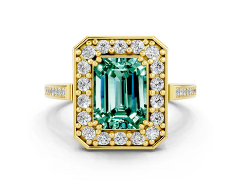 Yellow gold {shape_name} Green Sapphire Halo Ring with Split Shank and Four-Prong Setting