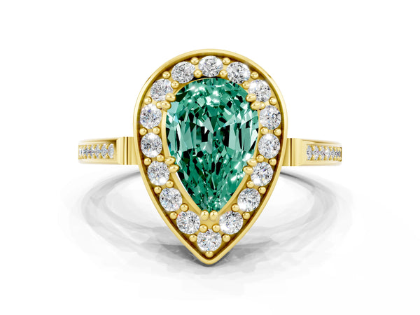 Yellow gold Pear Cut Green Sapphire Halo Ring with Split Shank and Four-Prong Setting