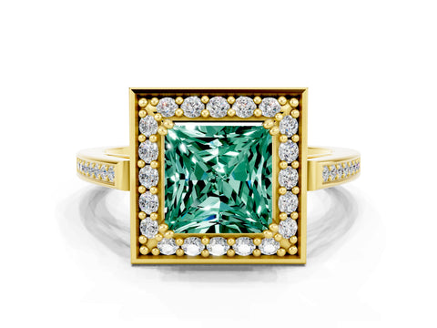 Yellow gold {shape_name} Green Sapphire Halo Ring with Split Shank and Four-Prong Setting