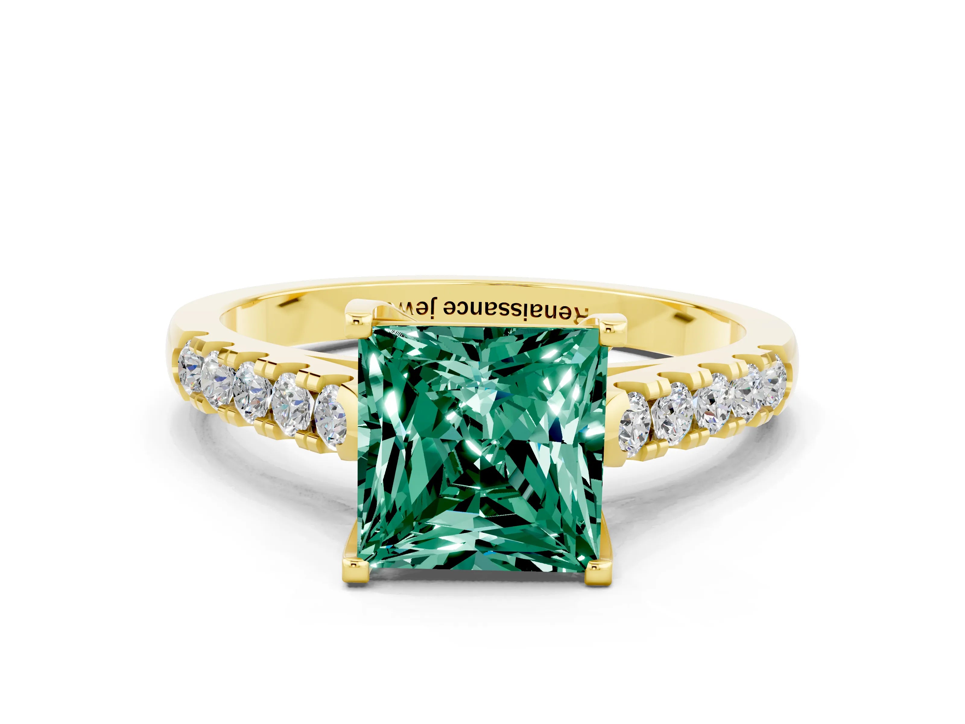 Yellow gold {shape_name} Green Sapphire Solitaire Ring with Pavé Band and Four-Prong Setting