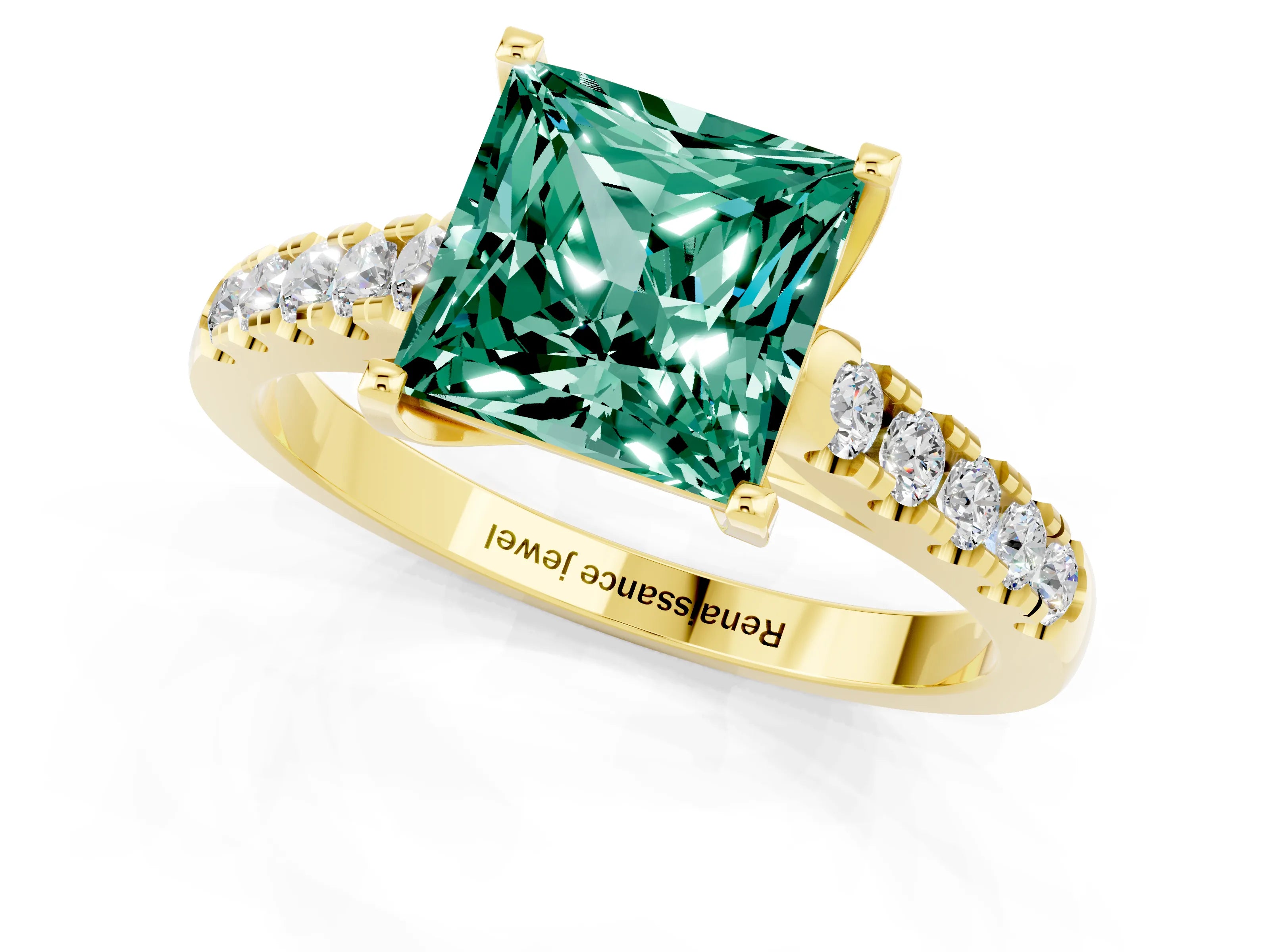 Yellow gold {shape_name} Green Sapphire Solitaire Ring with Pavé Band and Four-Prong Setting_1