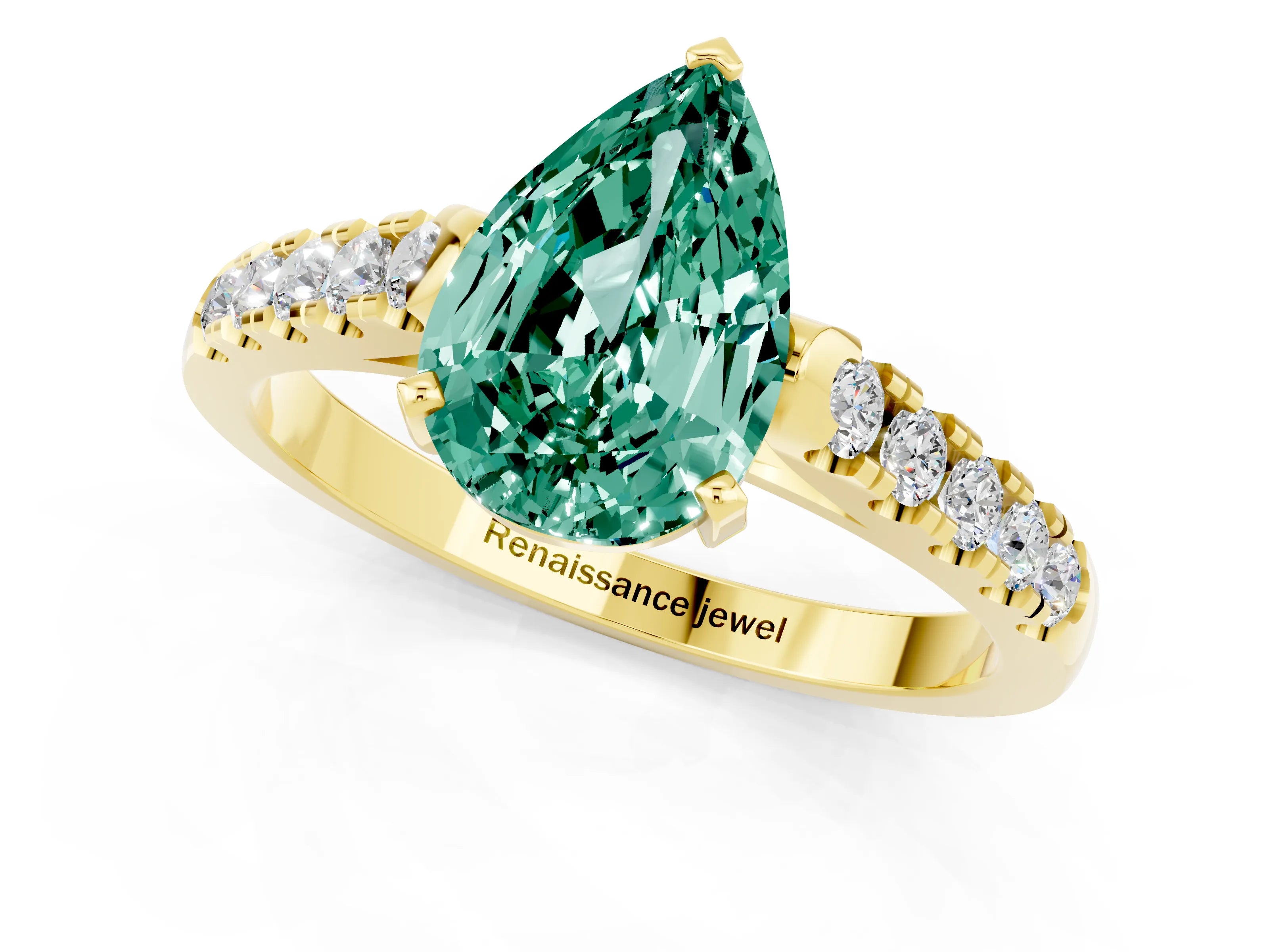 Yellow gold {shape_name} Green Sapphire Solitaire Ring with Pavé Band and Four-Prong Setting_1