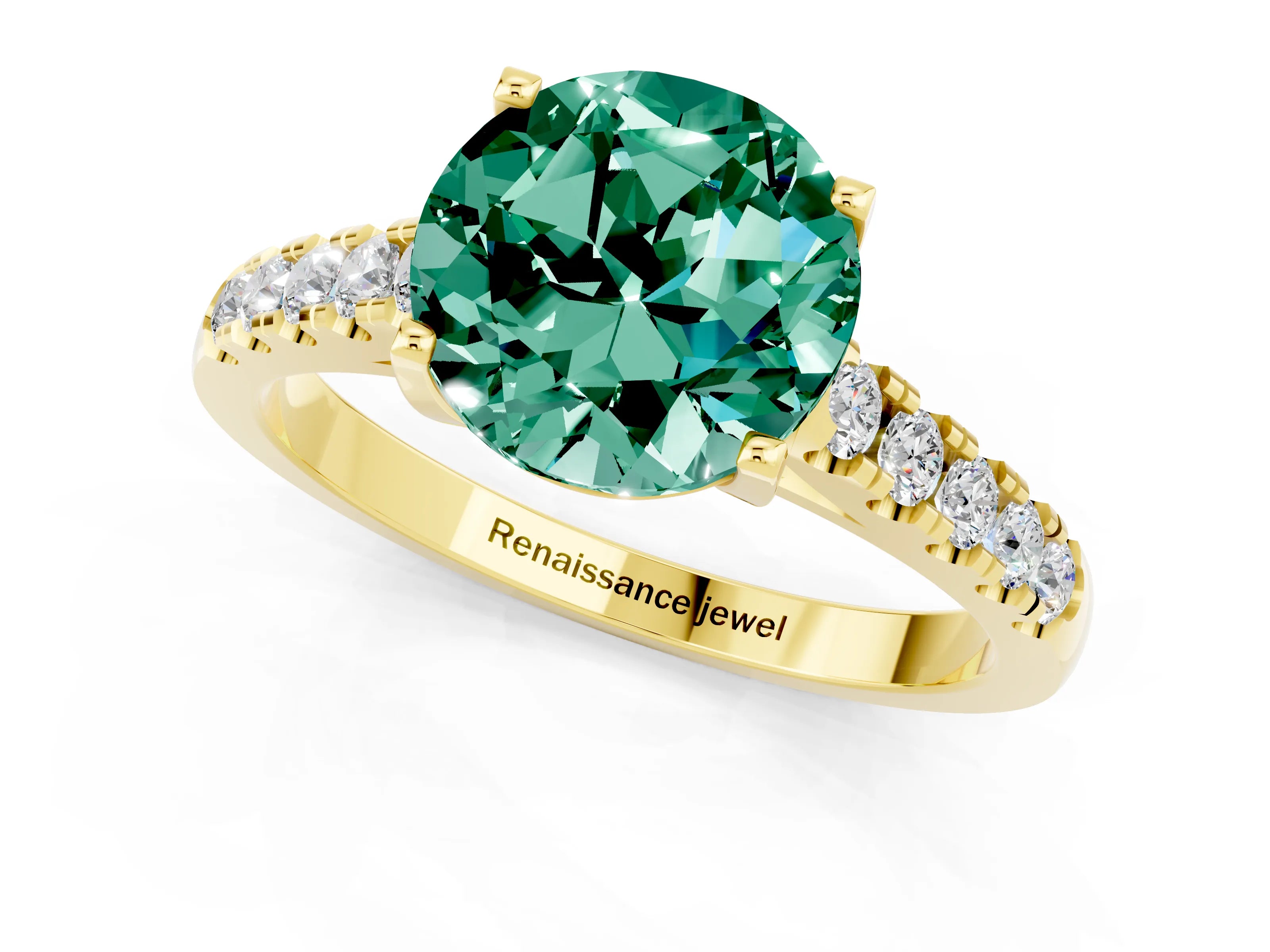 Yellow gold {shape_name} Green Sapphire Solitaire Ring with Pavé Band and Four-Prong Setting_1