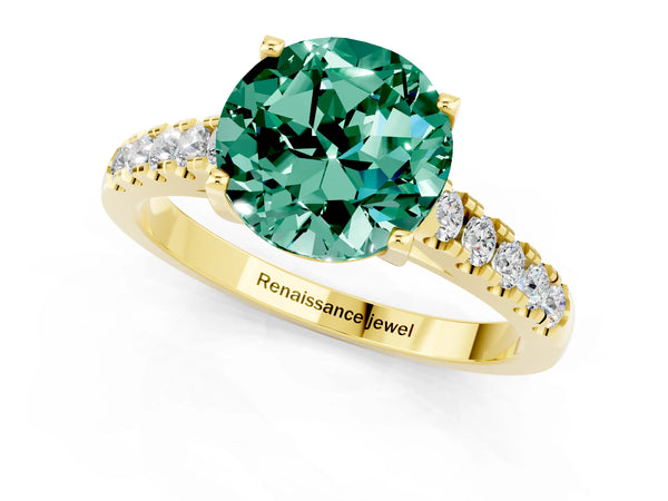 Yellow gold Round Cut Green Sapphire Pavé Band Solitaire Ring with Prong Setting