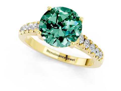 Yellow gold {shape_name} Green Sapphire Solitaire Ring with Pavé Band and Four-Prong Setting_1