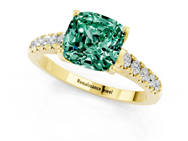 Yellow gold Cushion Cut Green Sapphire Pavé Band Solitaire Ring with Prong Setting
