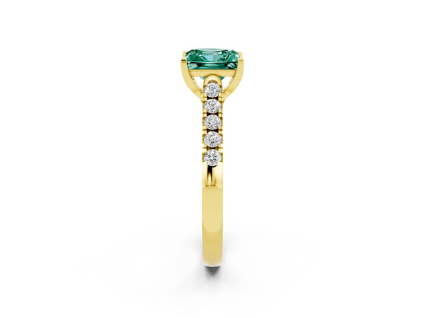Yellow gold Princess Cut Green Sapphire Pavé Band Solitaire Ring with Prong Setting