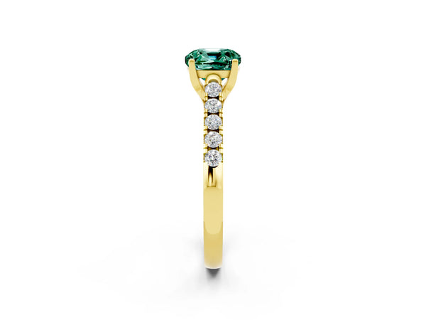 Yellow gold Cushion Cut Green Sapphire Pavé Band Solitaire Ring with Prong Setting