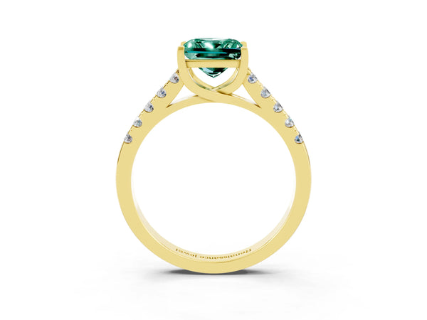 Yellow gold Princess Cut Green Sapphire Pavé Band Solitaire Ring with Prong Setting
