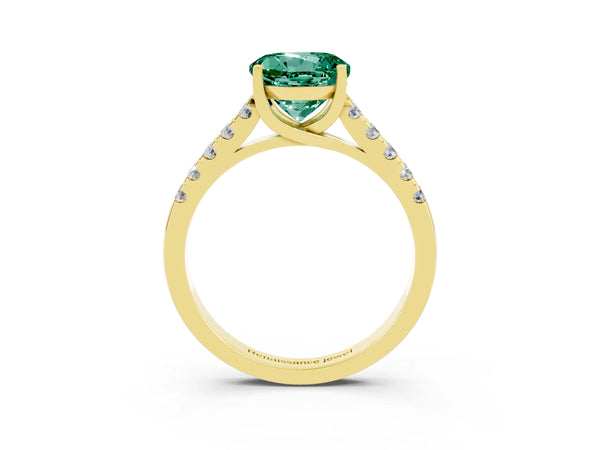 Yellow gold Round Cut Green Sapphire Pavé Band Solitaire Ring with Prong Setting