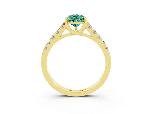 Yellow gold Pear Cut Green Sapphire Pavé Band Solitaire Ring with Prong Setting